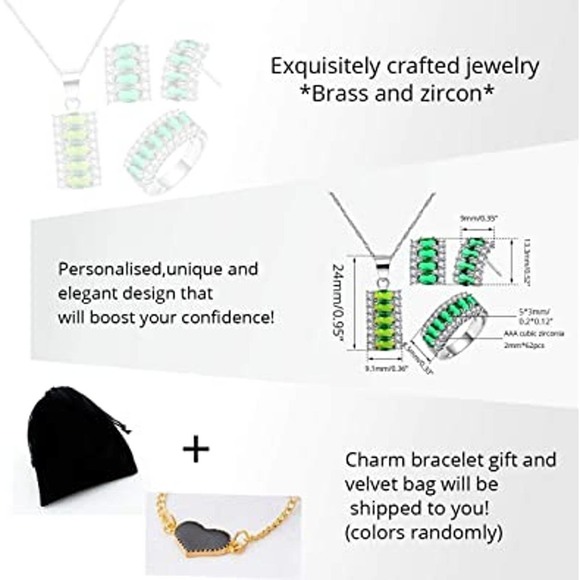 Emerald Crystal Necklace Earring Ring Set Cubic Rhinestone Necklace Ring Earring - Picture 7 of 8